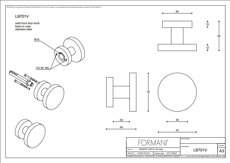 Formani | Voordeurknop LB701V Vast op Rozet | RVS