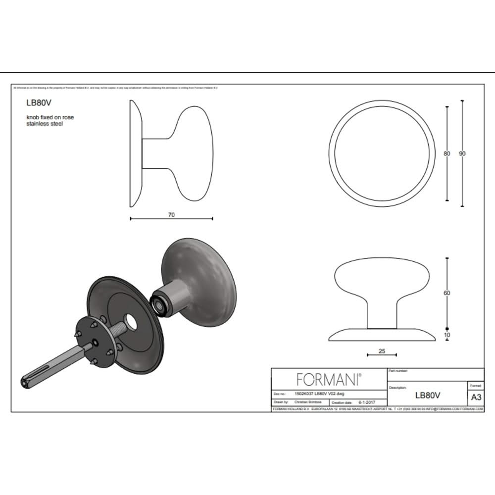 Formani | Voordeurknop LB80V Vast op Rozet | PVD RVS