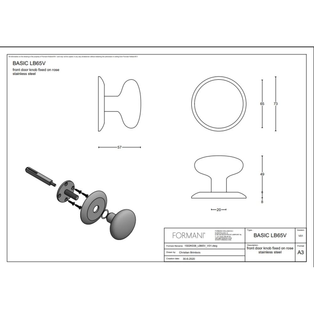 Formani | Voordeurknop LB65V Vast op Rozet | PVD gunmetal