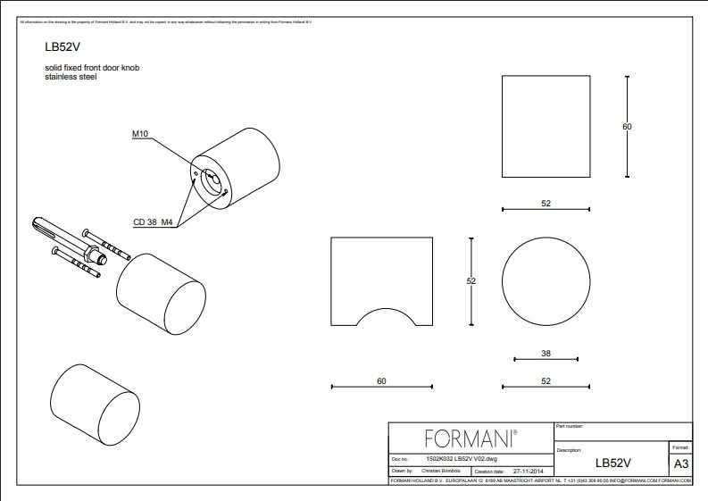 Formani | Voordeurknop LB52V Vast op Rozet | RVS