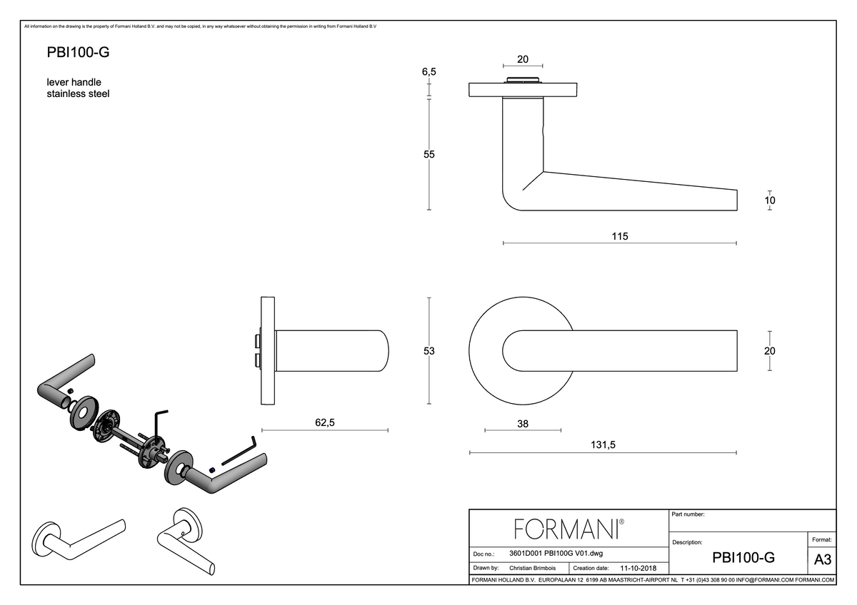 Formani PBI100-G technische tekening met maatvoering