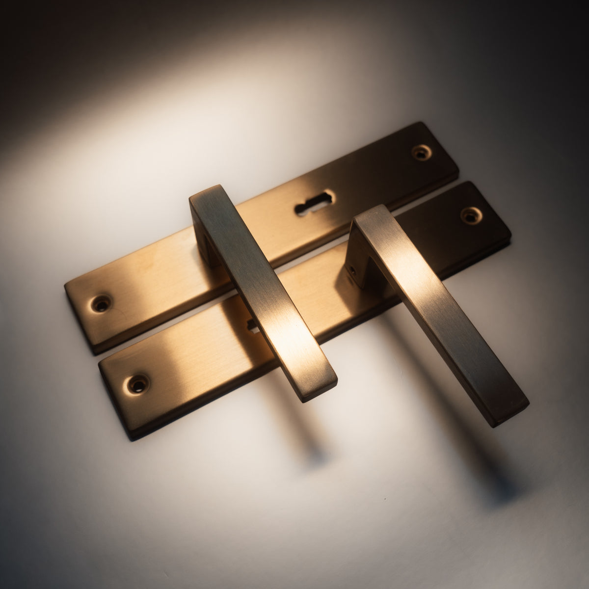 Griff Meister Deurkruk Fortis Champagne PVD Op schild Sleutel 56mm – sfeerfoto in interieur