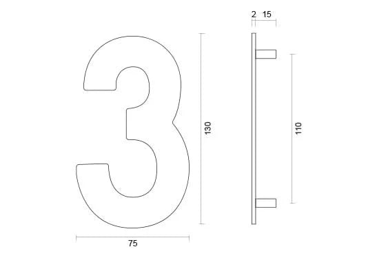hdd rvs huisnummer 3 met een hoogte van 130mm