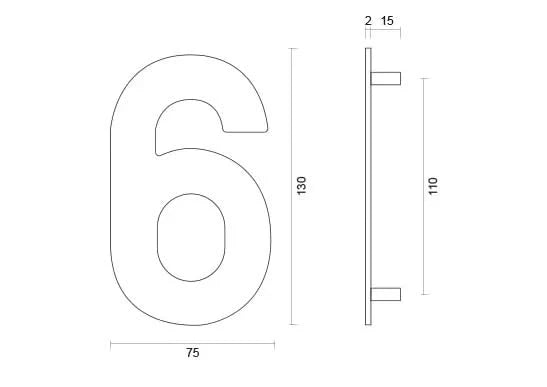 hdd rvs huisnummer 6 met een hoogte van 130mm