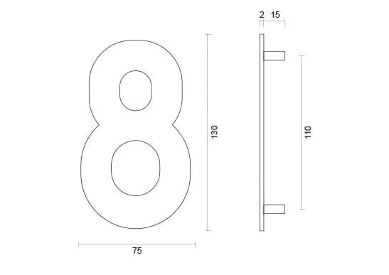 hdd rvs huisnummer 8 met een hoogte van 130mm