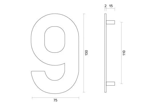 hdd rvs huisnummer 9 met een hoogte van 130mm