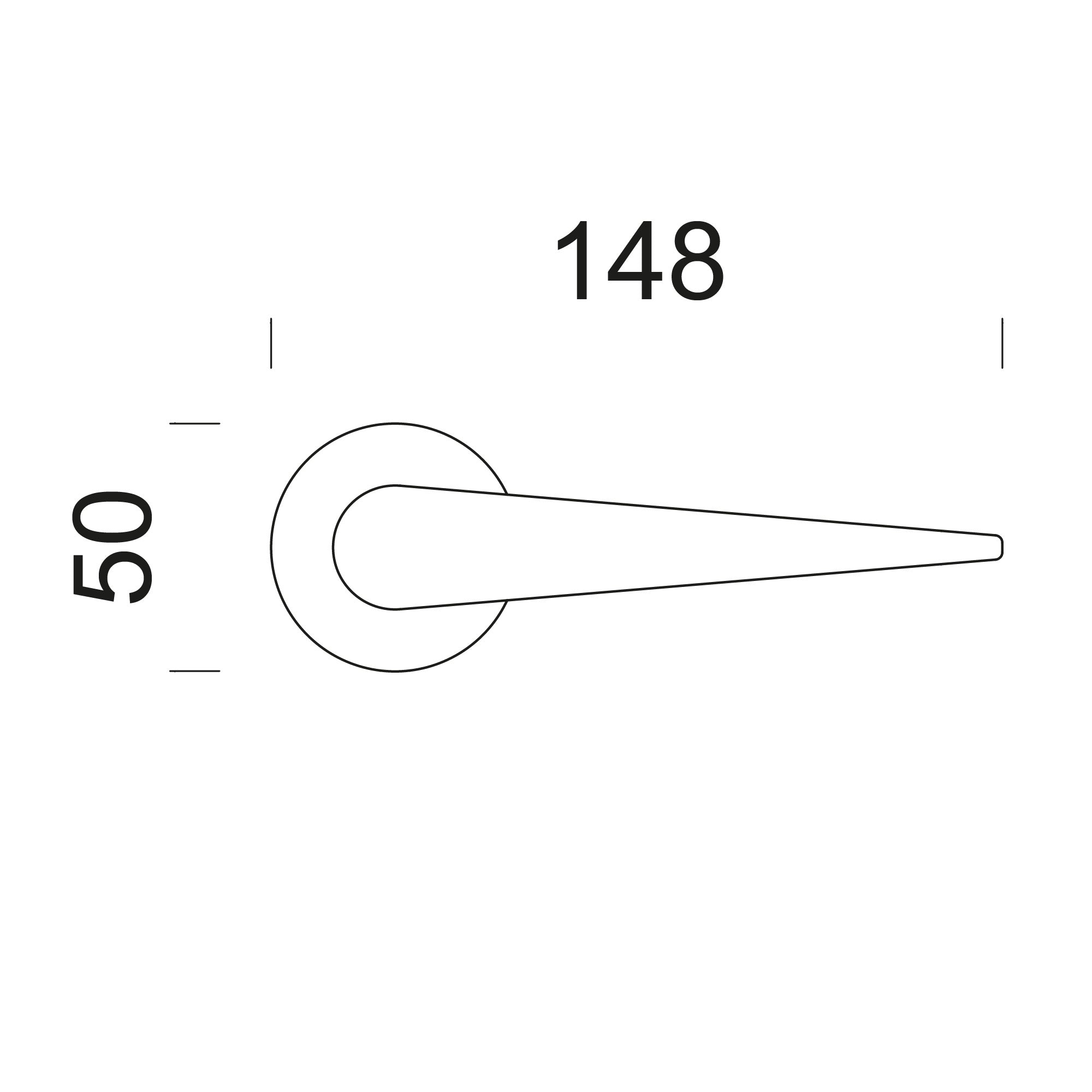 Technische tekening DND deurkruk Iki op ronde rozet – maatvoering en ø50 mm rozet