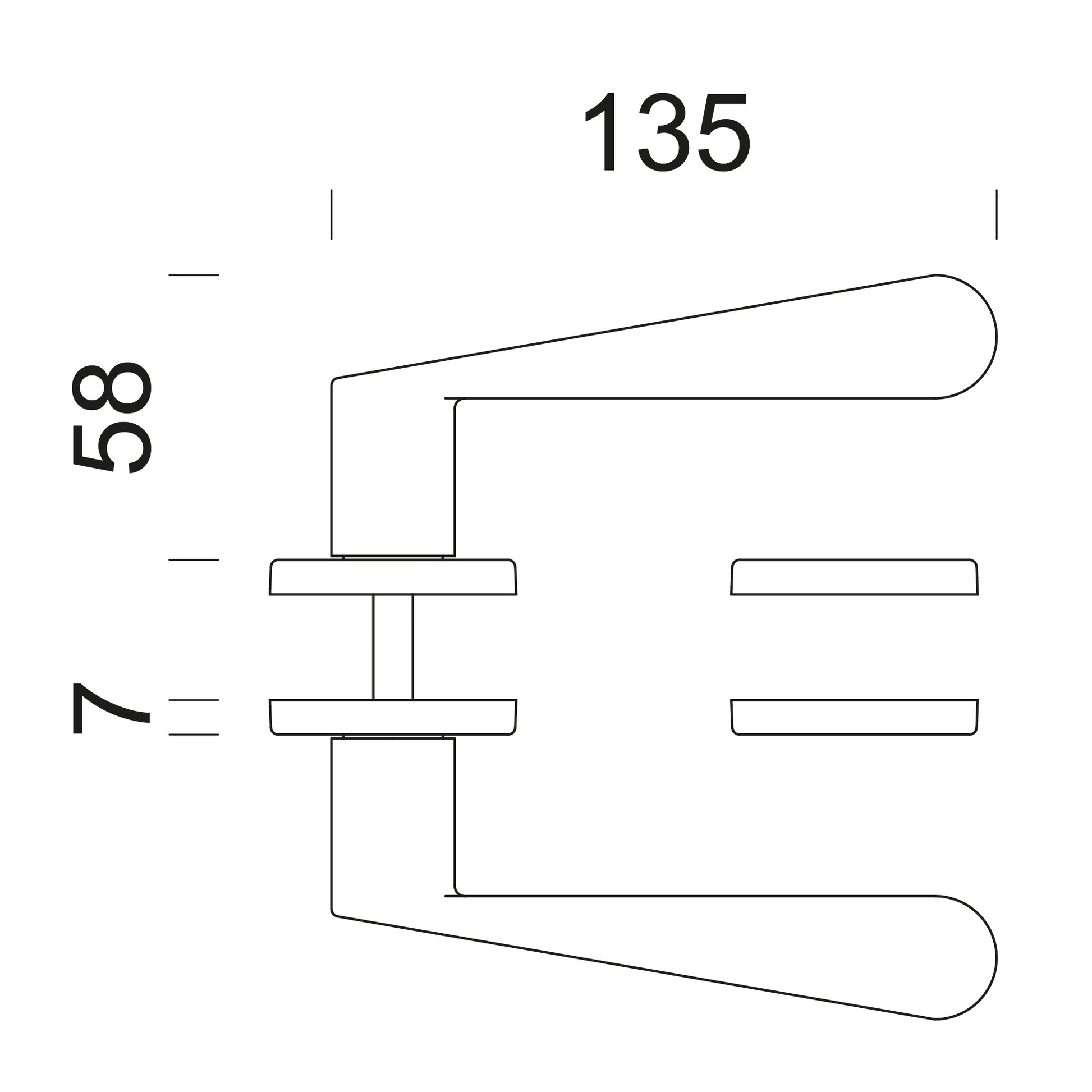 Technische tekening DND deurkruk Iki – montage en deurdikte 38-45 mm