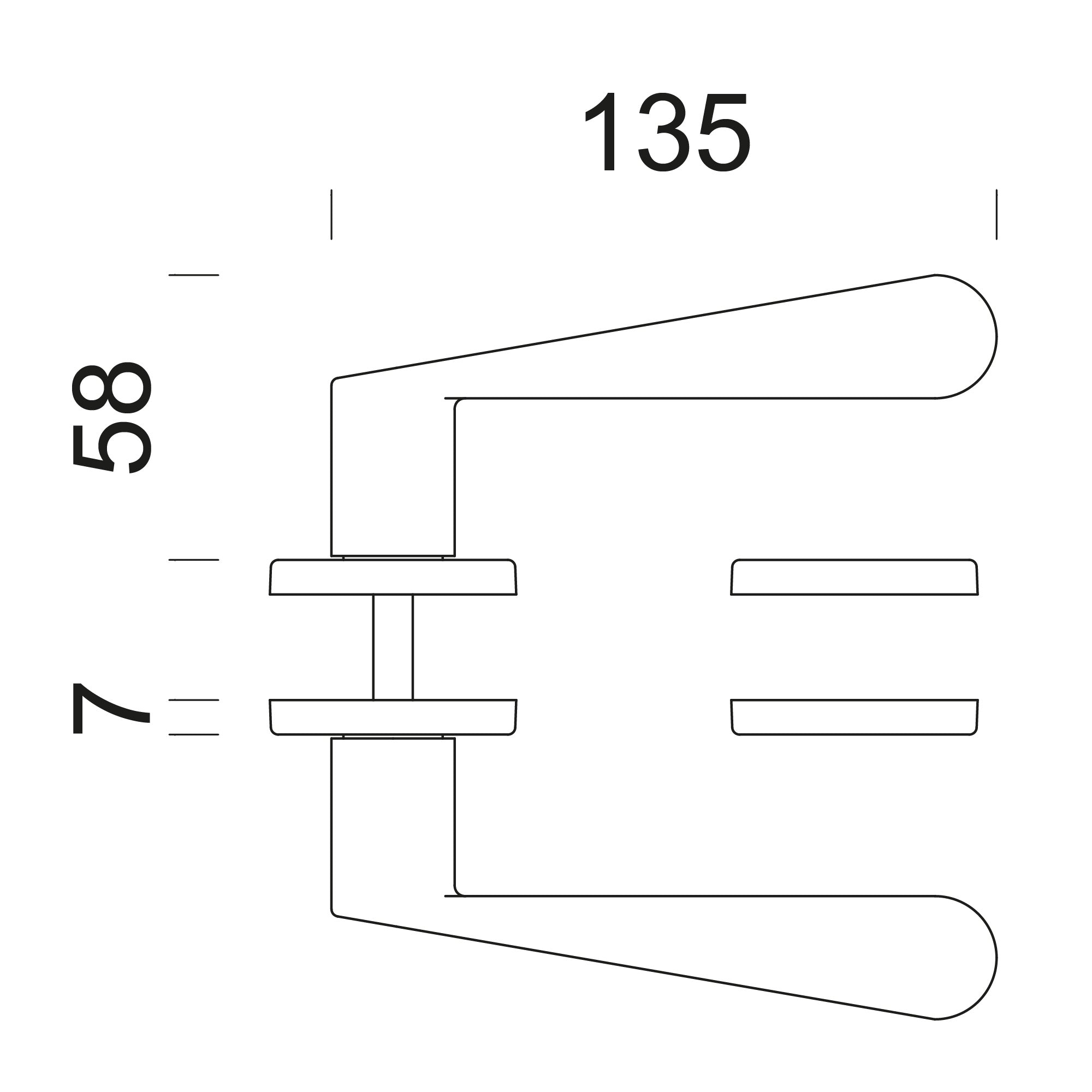 Technische tekening DND deurkruk Iki – montage en deurdikte 38-45 mm
