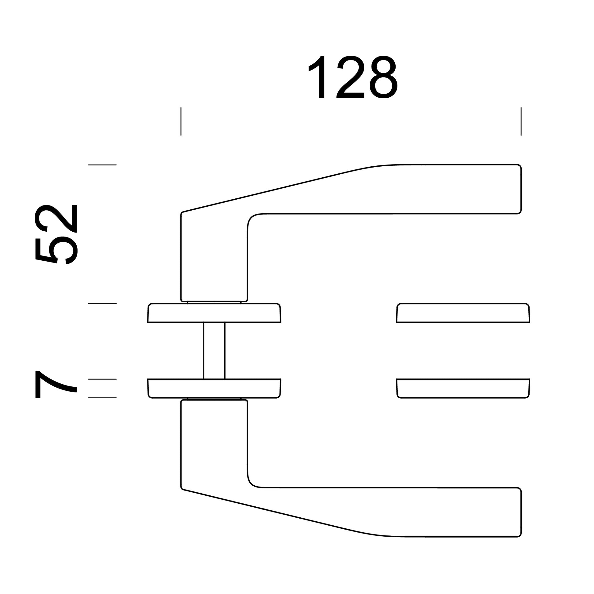 Technische tekening DND deurkruk Kind Of – montage en deurdikte 38-45 mm