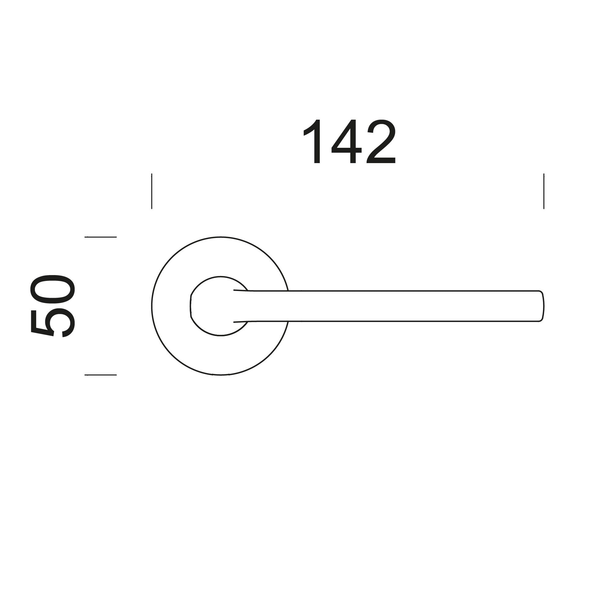 Technische tekening DND deurkruk Luce P op ronde rozet – maatvoering en ø50 mm rozet