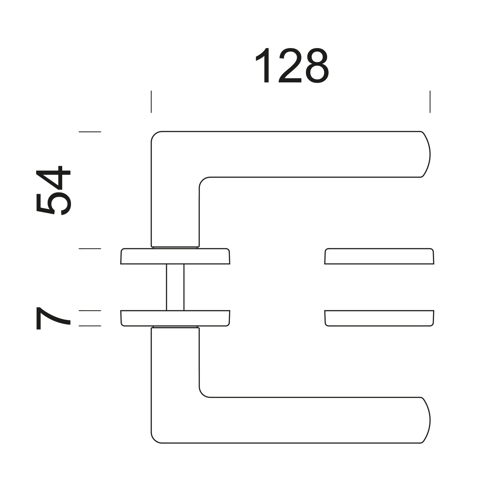 Technische tekening DND deurkruk Luce P – montage en deurdikte 38-45 mm