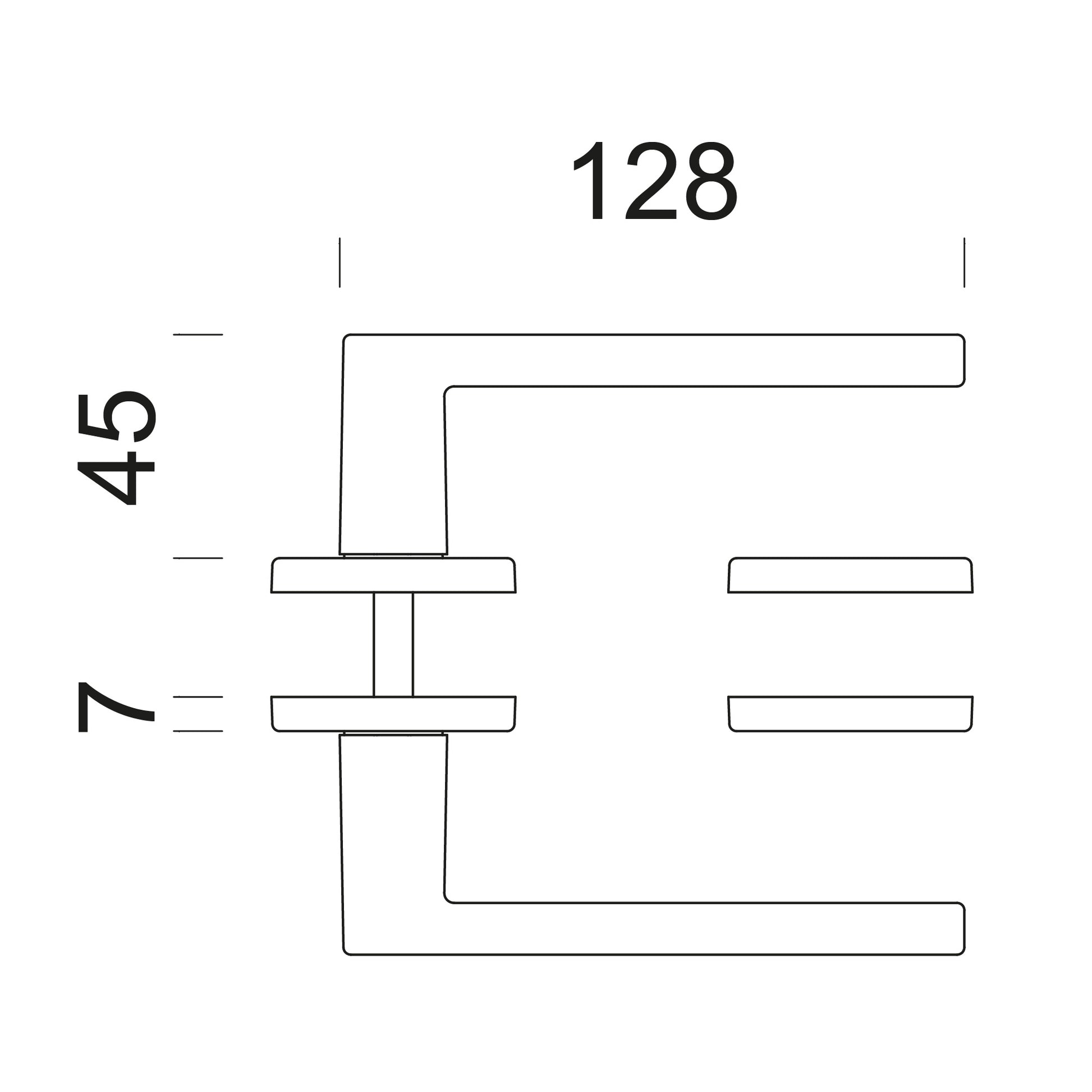 Technische tekening DND deurkruk Luce – montage en deurdikte 38-45 mm