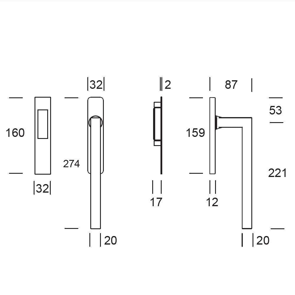 Hardbrass hefschuifdeurgreep Geneve enkel Blind puur zwart – maattekening