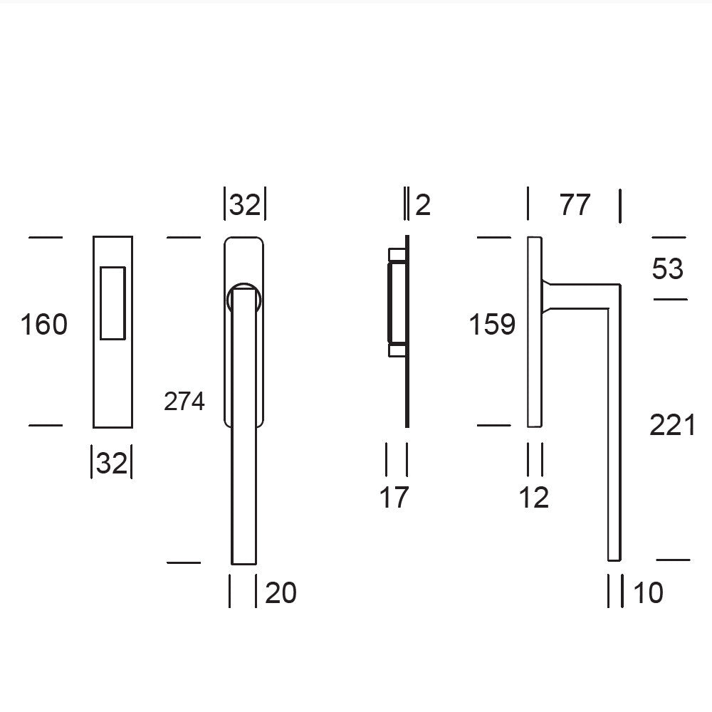 Hardbrass hefschuifdeurgreep Phoenix enkel Blind puur zwart – maattekening