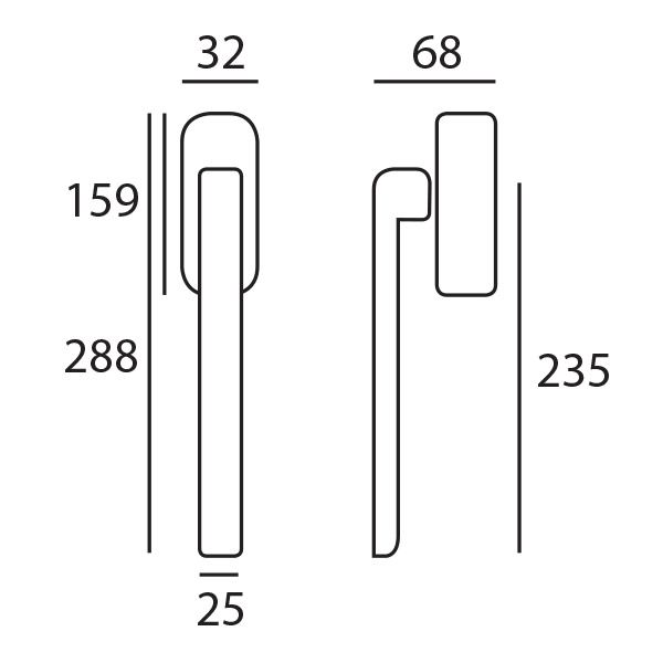 Hardbrass hefschuifdeurgreep Priamo messing getrommeld technische tekening met maatvoering