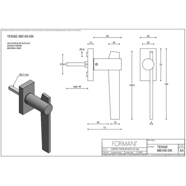 Formani BB100-DK draaikiepgarnituur niet afsluitbaar mat zwart rechts/links draaiend
