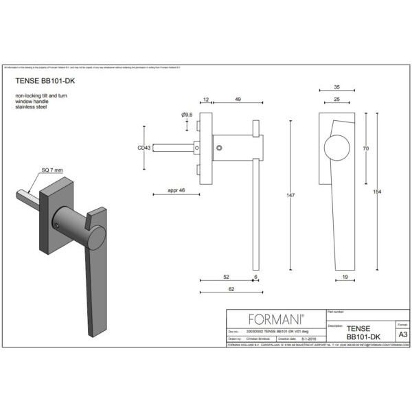 Formani BB101-DK draaikiepgarnituur niet afsluitbaar mat roestvast staal rechtsdraaiend