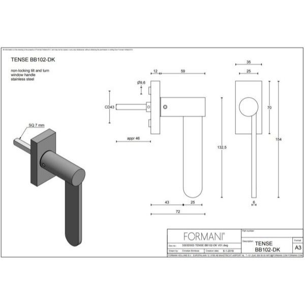 Formani BB102-DK draaikiepgarnituur niet afsluitbaar mat zwart rechts/links draaiend
