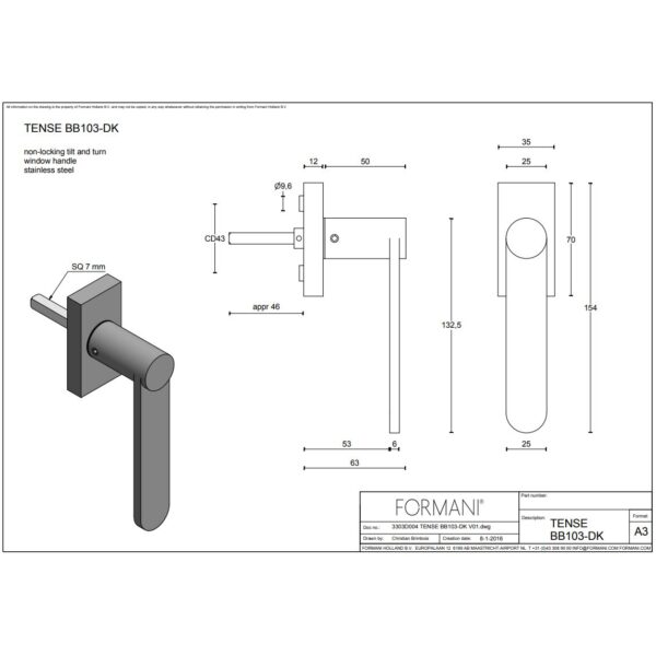 Formani BB103-DK draaikiepgarnituur niet afsluitbaar mat zwart rechts/links draaiend