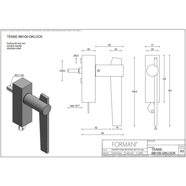 Formani BB100-DKLOCK draaikiepgarnituur afsluitbaar mat zwart rechts/links draaiend