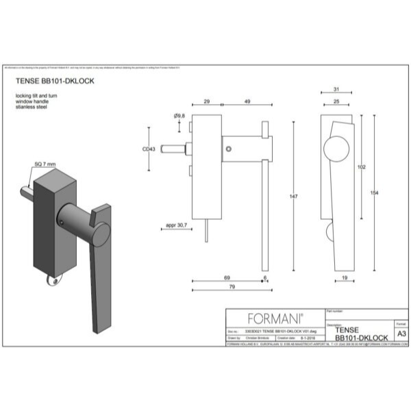 Formani BB101-DKLOCK draaikiepgarnituur afsluitbaar mat zwart rechts/links draaiend