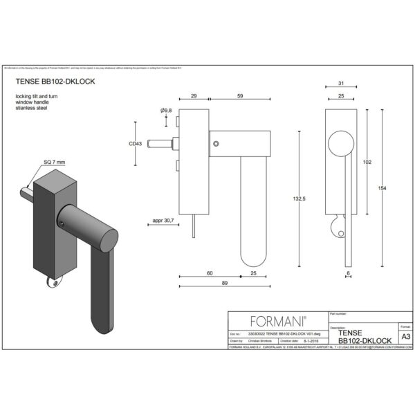 Formani BB102-DKLOCK draaikiepgarnituur afsluitbaar mat zwart rechts/links draaiend