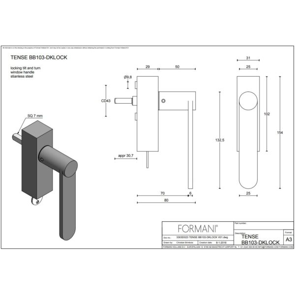 Formani BB103-DKLOCK draaikiepgarnituur afsluitbaar mat zwart rechts/links draaiend
