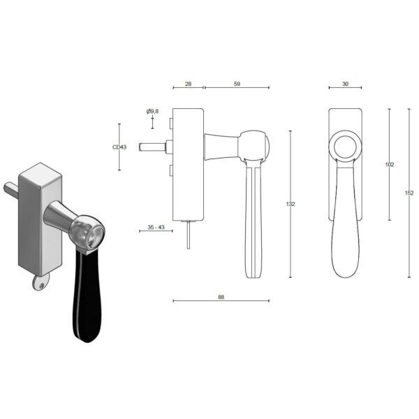 Formani LZ100-DKLOCK-O draaikiepgarnituur afsluitbaar gepolijst roestvast staal/ mat zwart rechts/ links draaiend