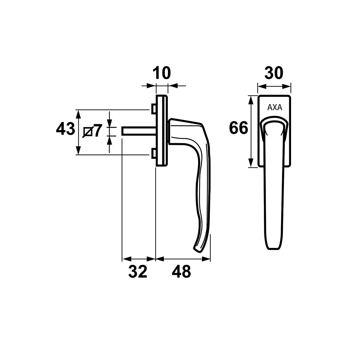 Technische tekening AXA draai-kiepsluiting 3351 (158 x 30 x 48 mm, stift 7x32)