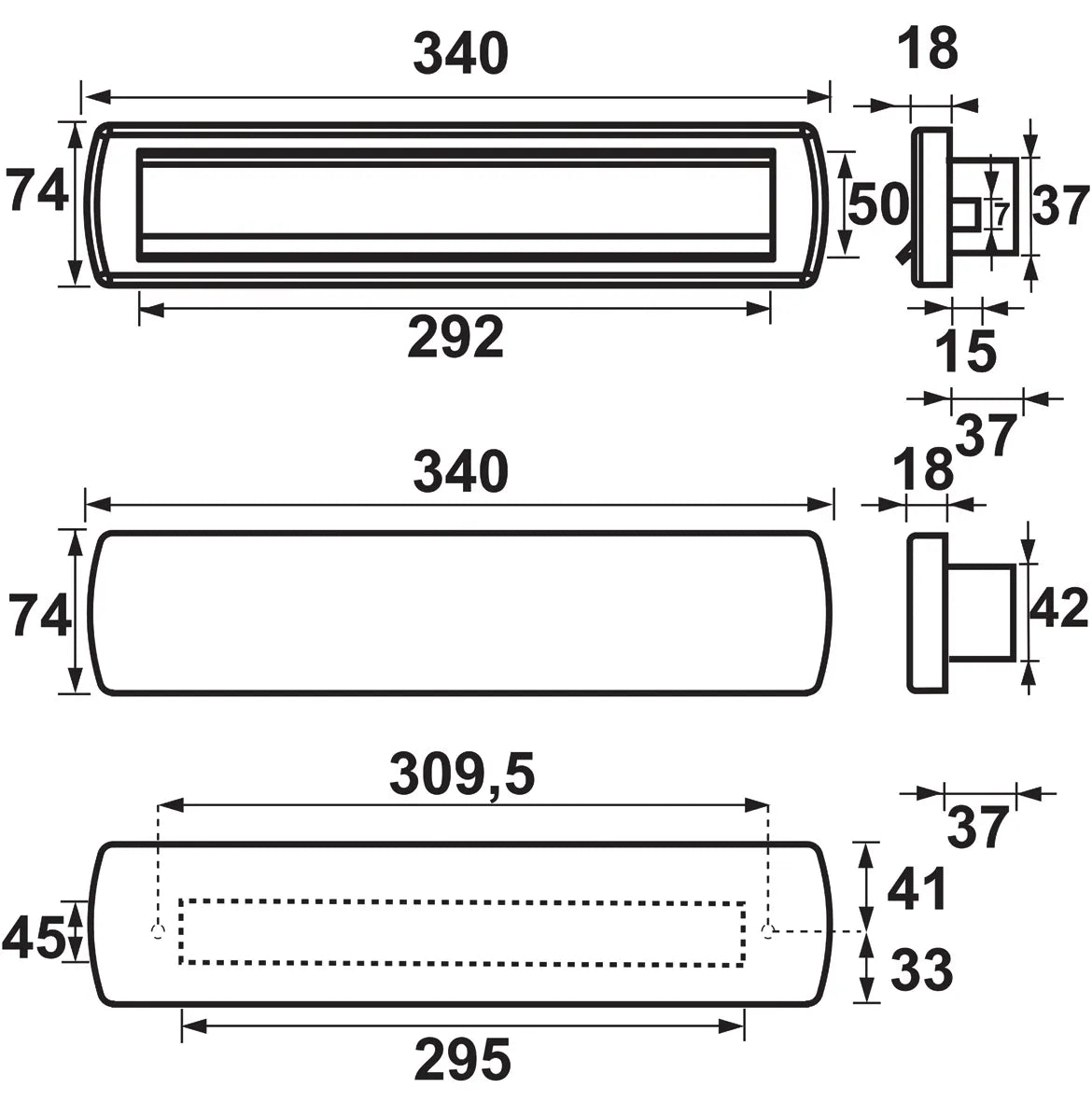 Technische maattekening AXA Curve Plus briefplaat met tochtklep, 340 x 74 mm