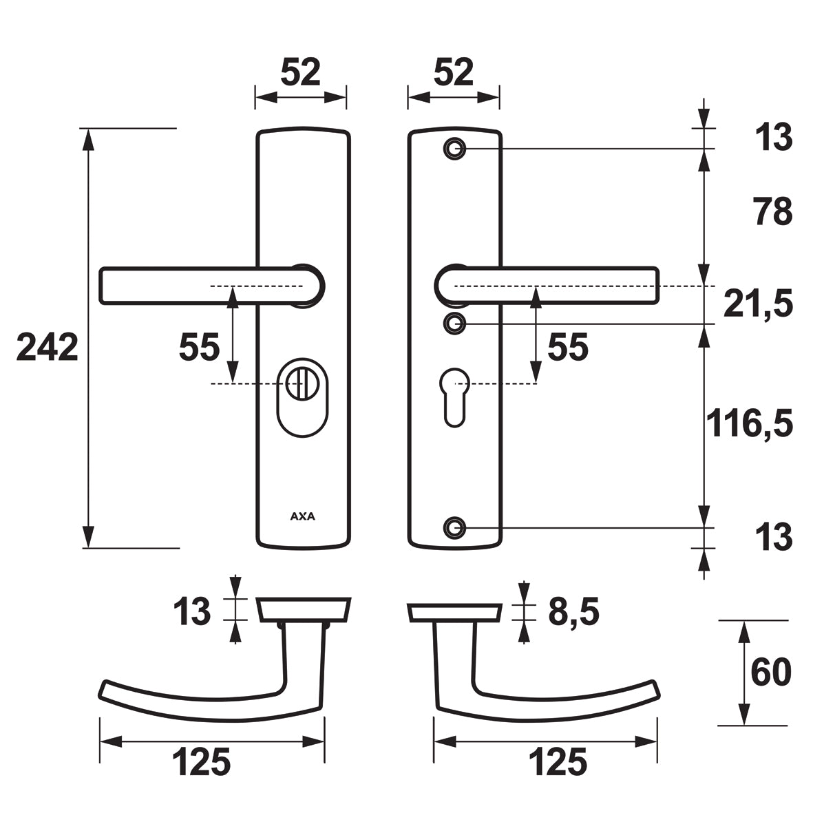 AXA | Veiligheidsbeslag Curve Plus kruk Blok PC55 anti-kerntrek | Inox