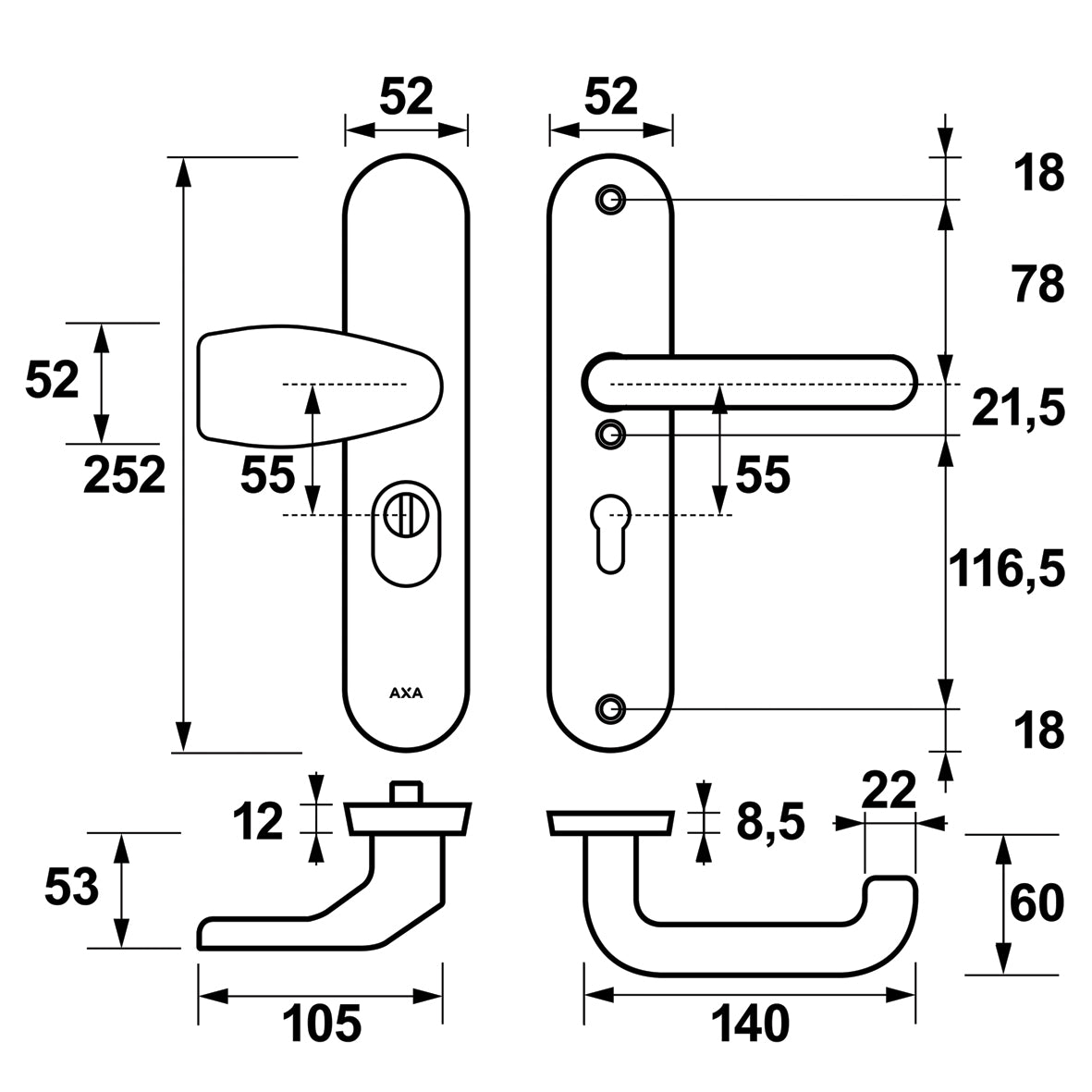 AXA | Veiligheidsbeslag Oval Plus Wing-knop+kruk U PC55 anti-kerntrek | Aluminium naturel