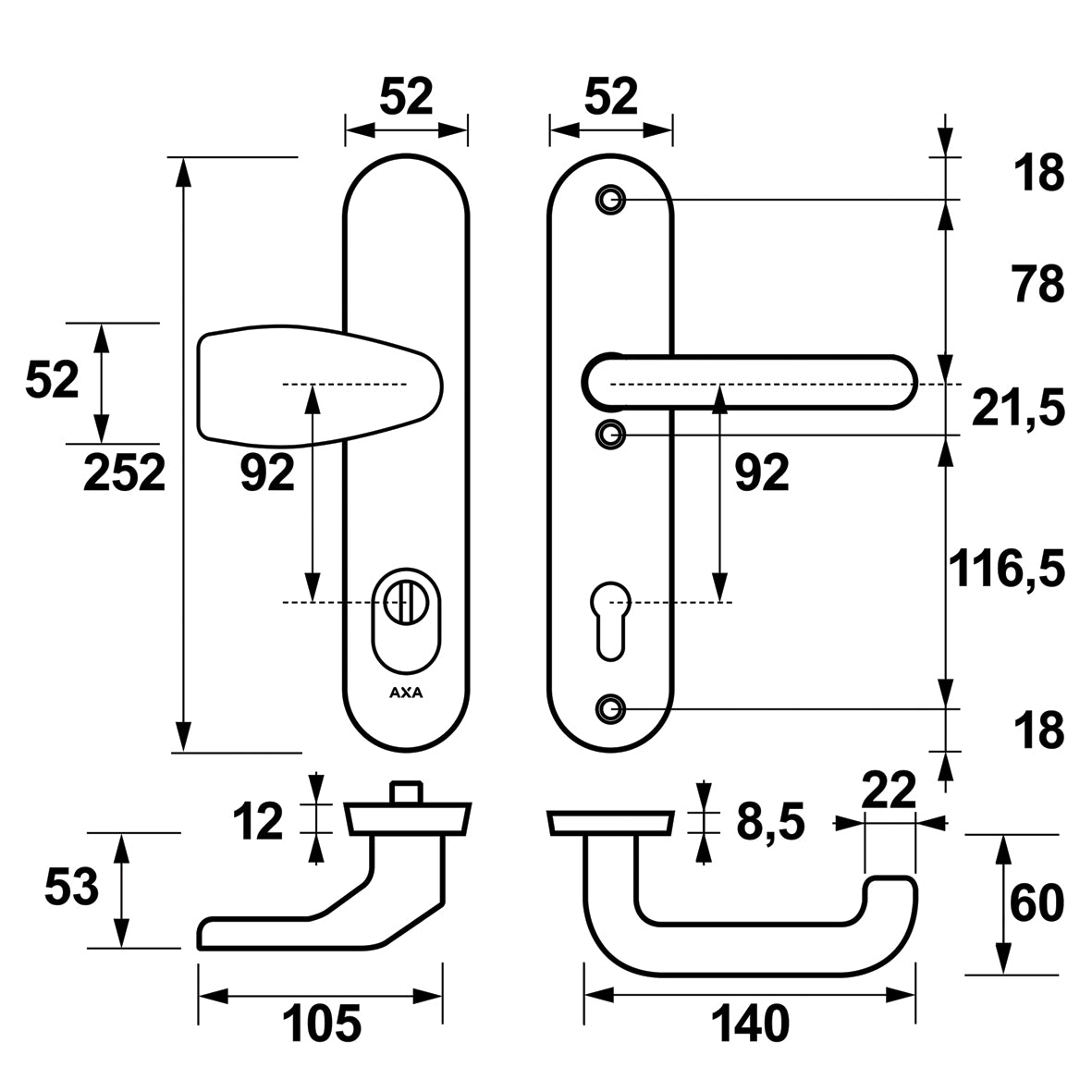 AXA | Veiligheidsbeslag Oval Plus Wing-knop+kruk U PC92 anti-kerntrek | Aluminium naturel