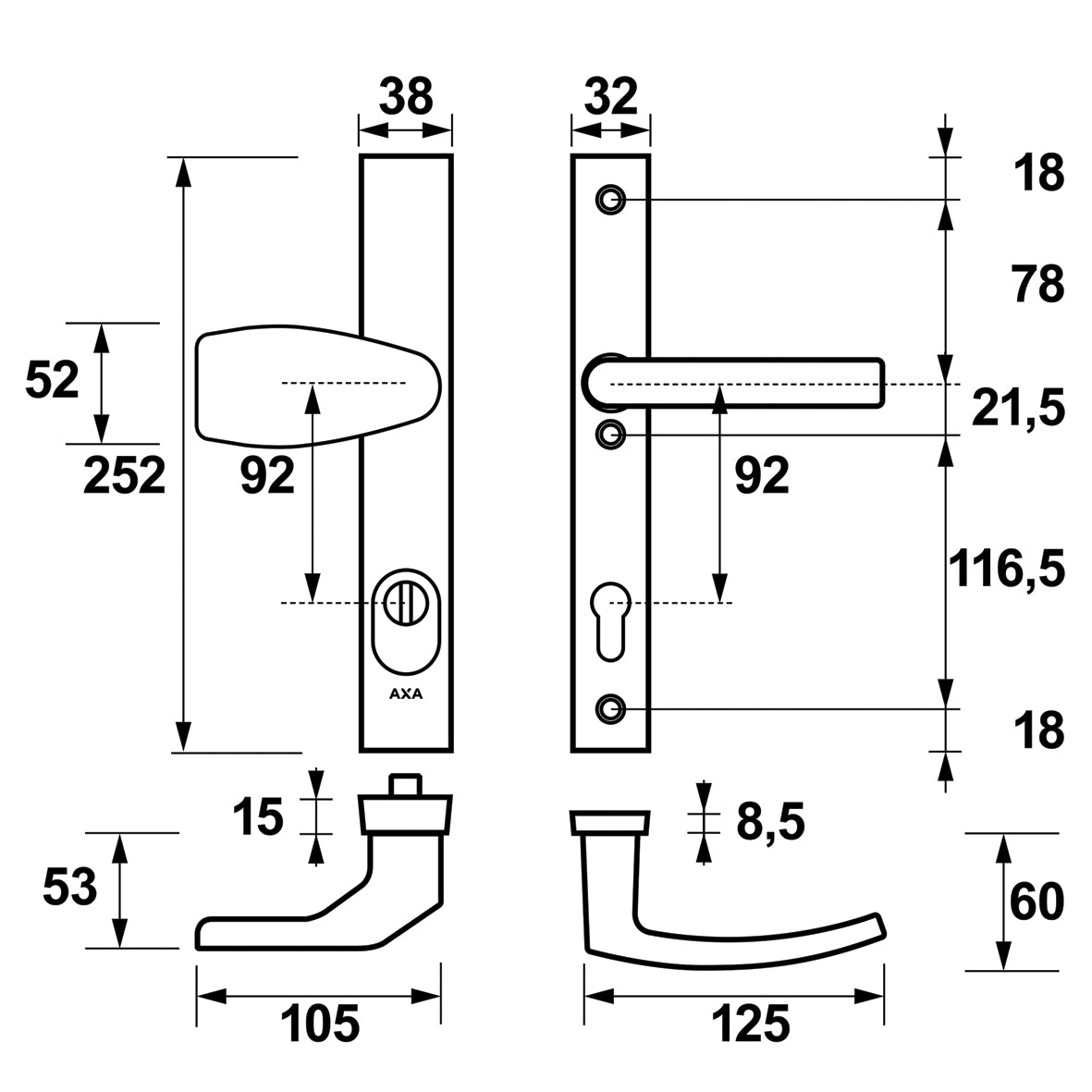 AXA | Veiligheidsbeslag Edge Plus smal Wing-knop+kruk Blok PC92 anti-kerntrek | Zwart