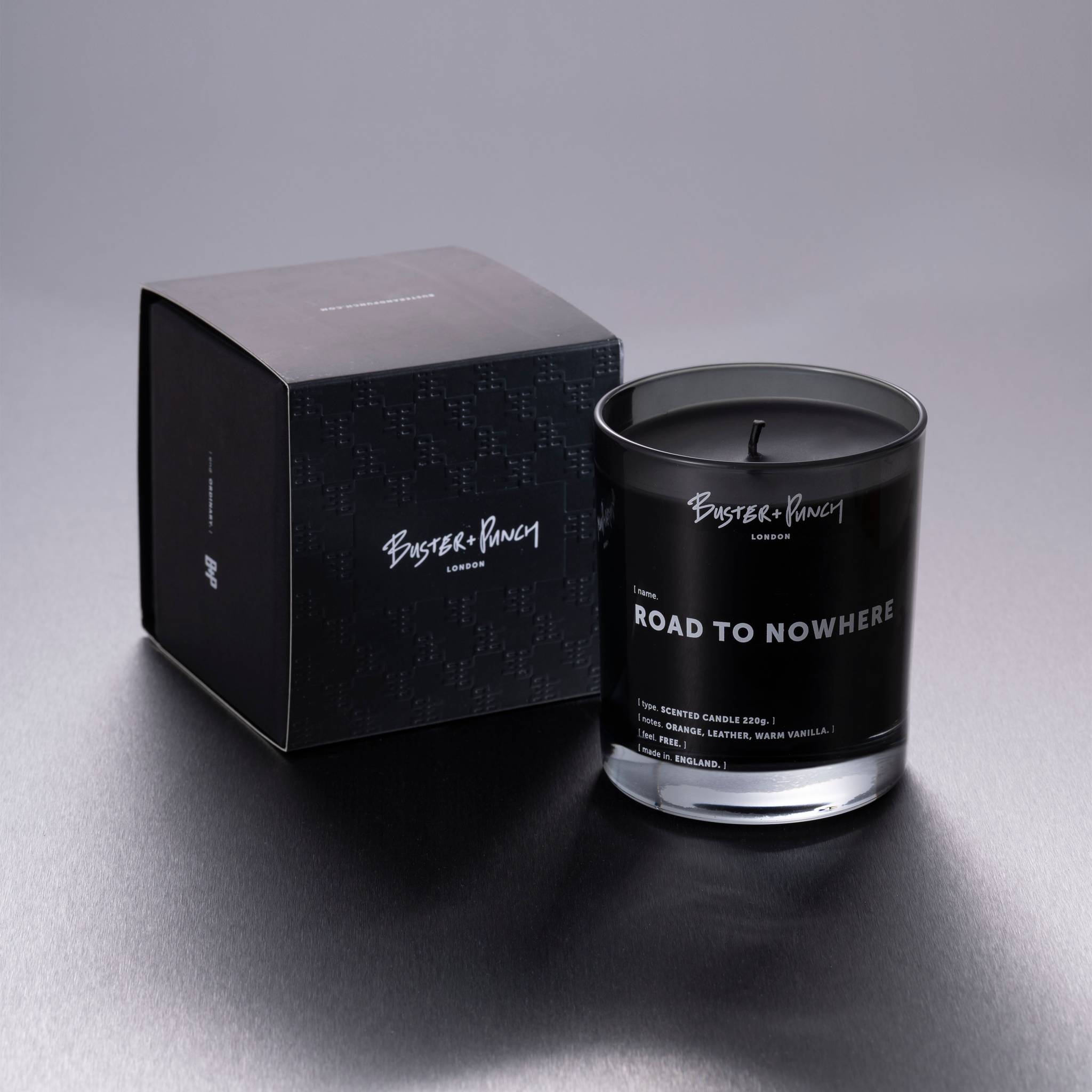 Buster + Punch | Geurkaars 220g (Road to Nowhere) | Rookgrijs glas