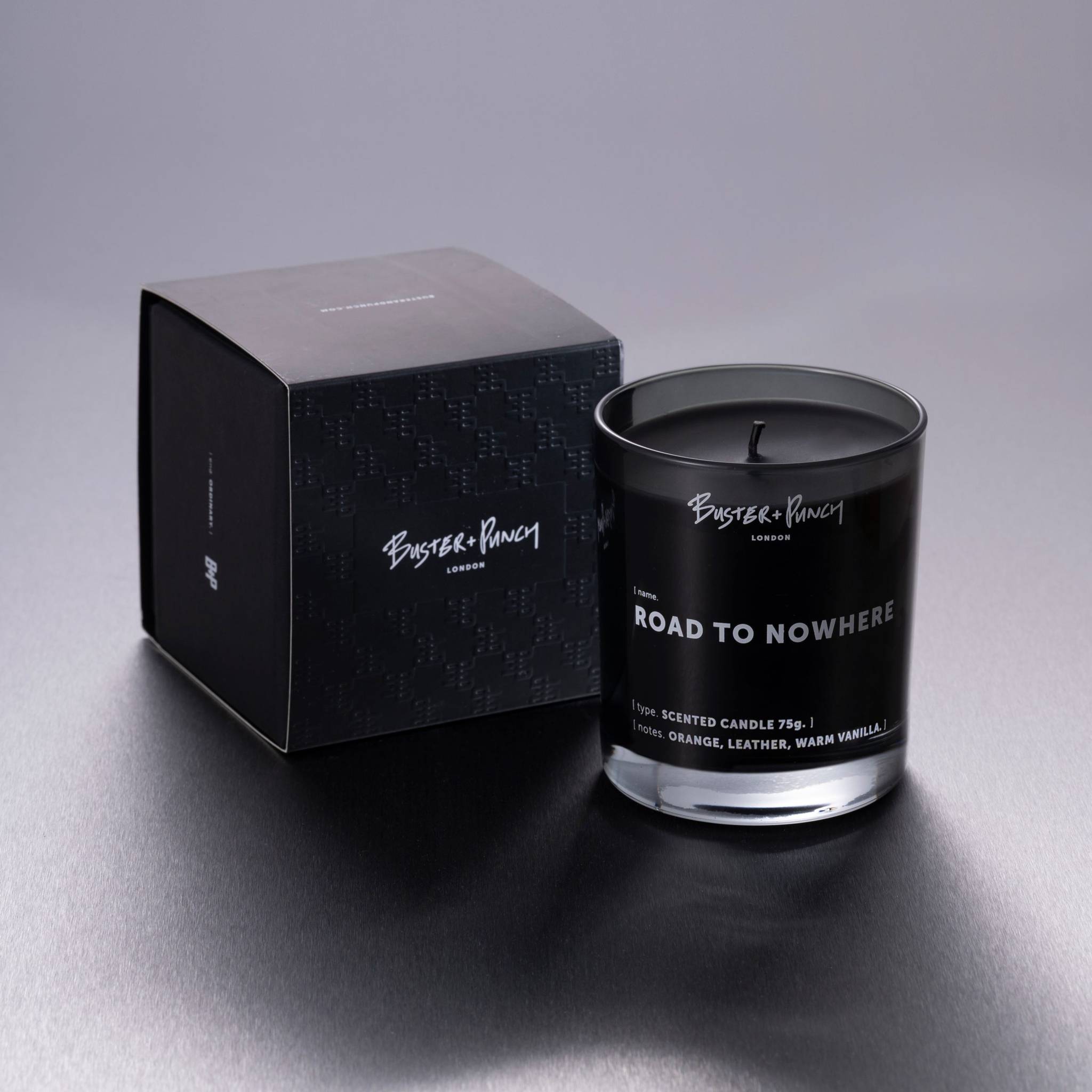 Buster + Punch | Geurkaars 75g (Road to Nowhere) | Rookgrijs glas
