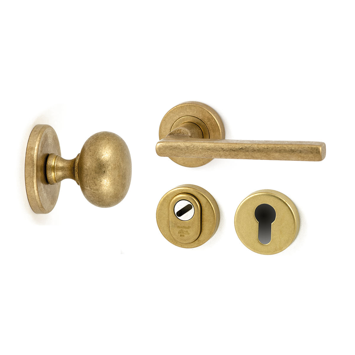 Hardbrass Voordeurset Iris/Sara 3-delig rechtswijzend SKG3 | Messing Getrommeld - Deurbeslag-expert