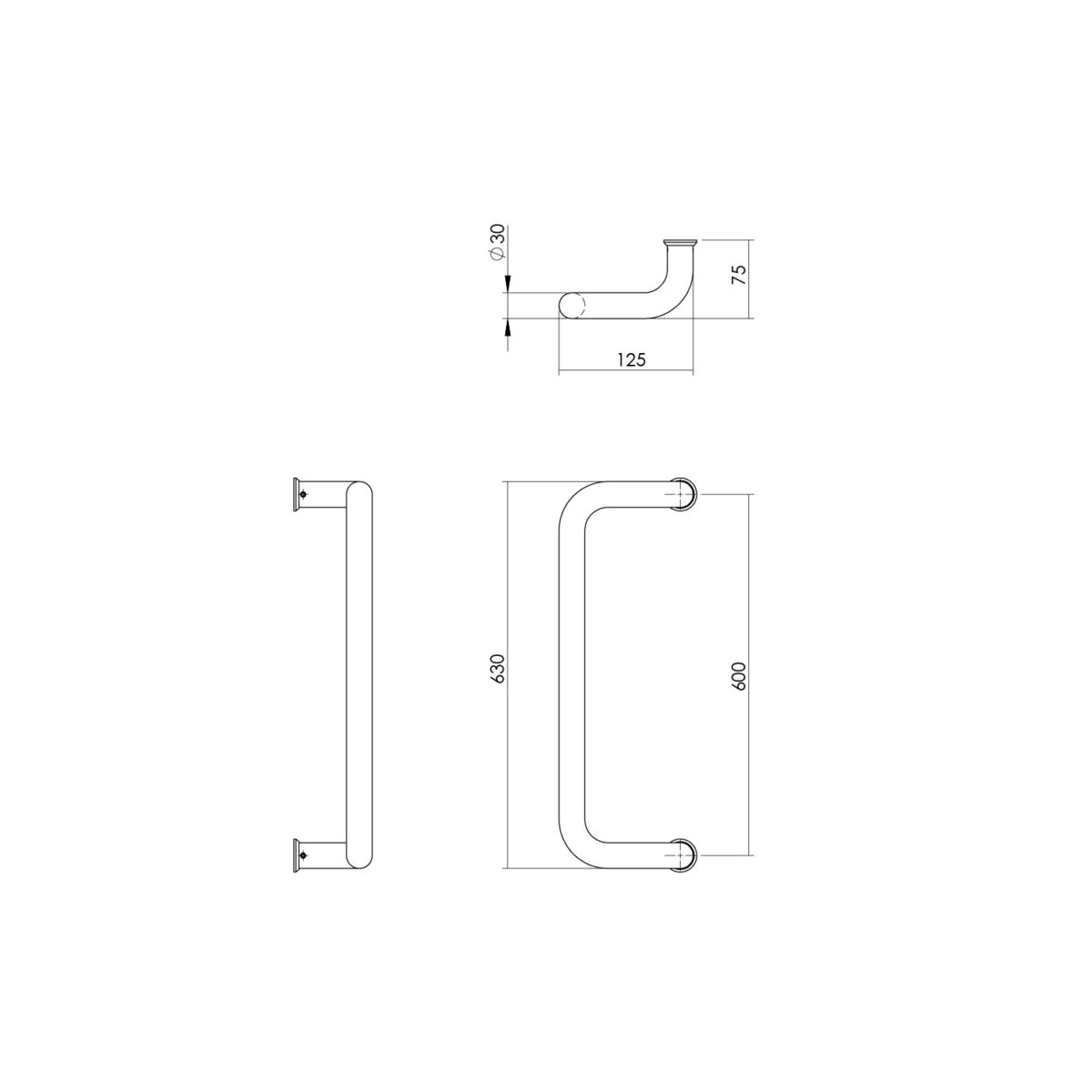 Intersteel Door handle per piece D model 630x75x30 Centre-to-centre 600 stainless steel 1