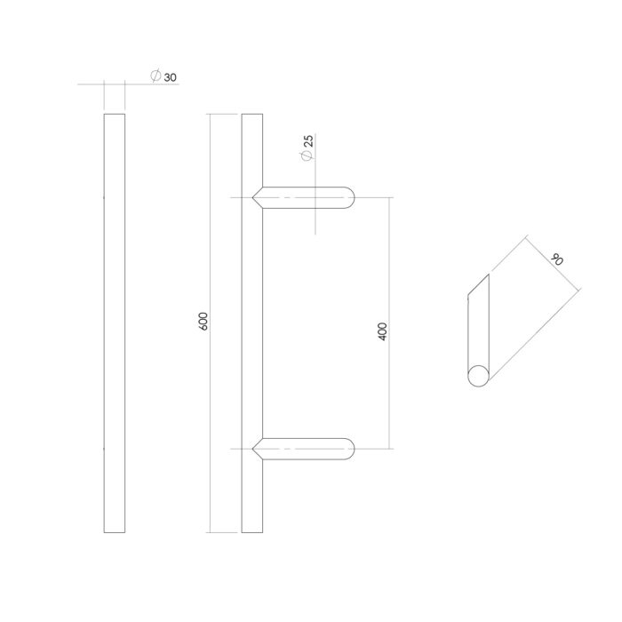 Intersteel Door handle per piece T slanted 600x90x30 Centre-to-centre 400 stainless steel 1