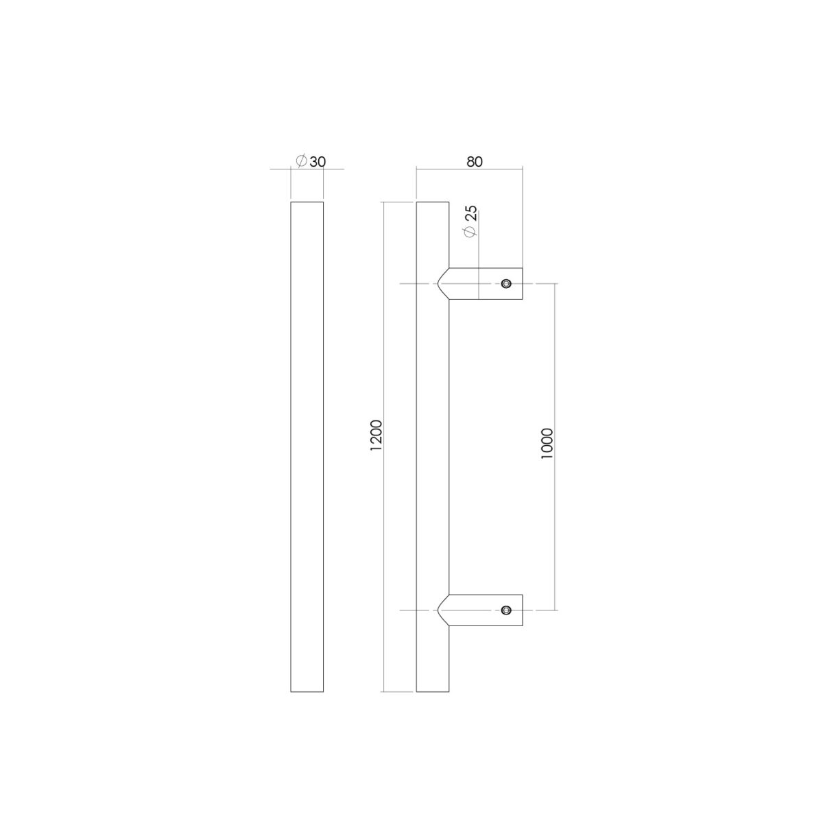 Intersteel Door handle per piece T shape 1200x80x30 Centre-to-centre 1000 stainless steel 1
