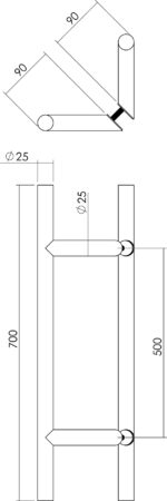 Intersteel Door handles per pair T slanted 700x85x25 Centre-to-centre 500 stainless steel 1