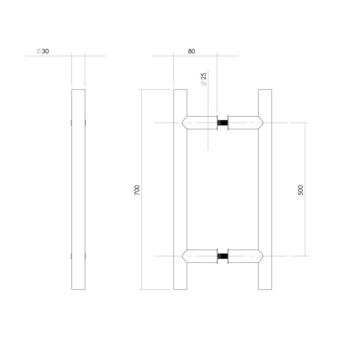 Intersteel Deurgrepen per paar T vorm 700x80x30 HoH 500 rvs 1