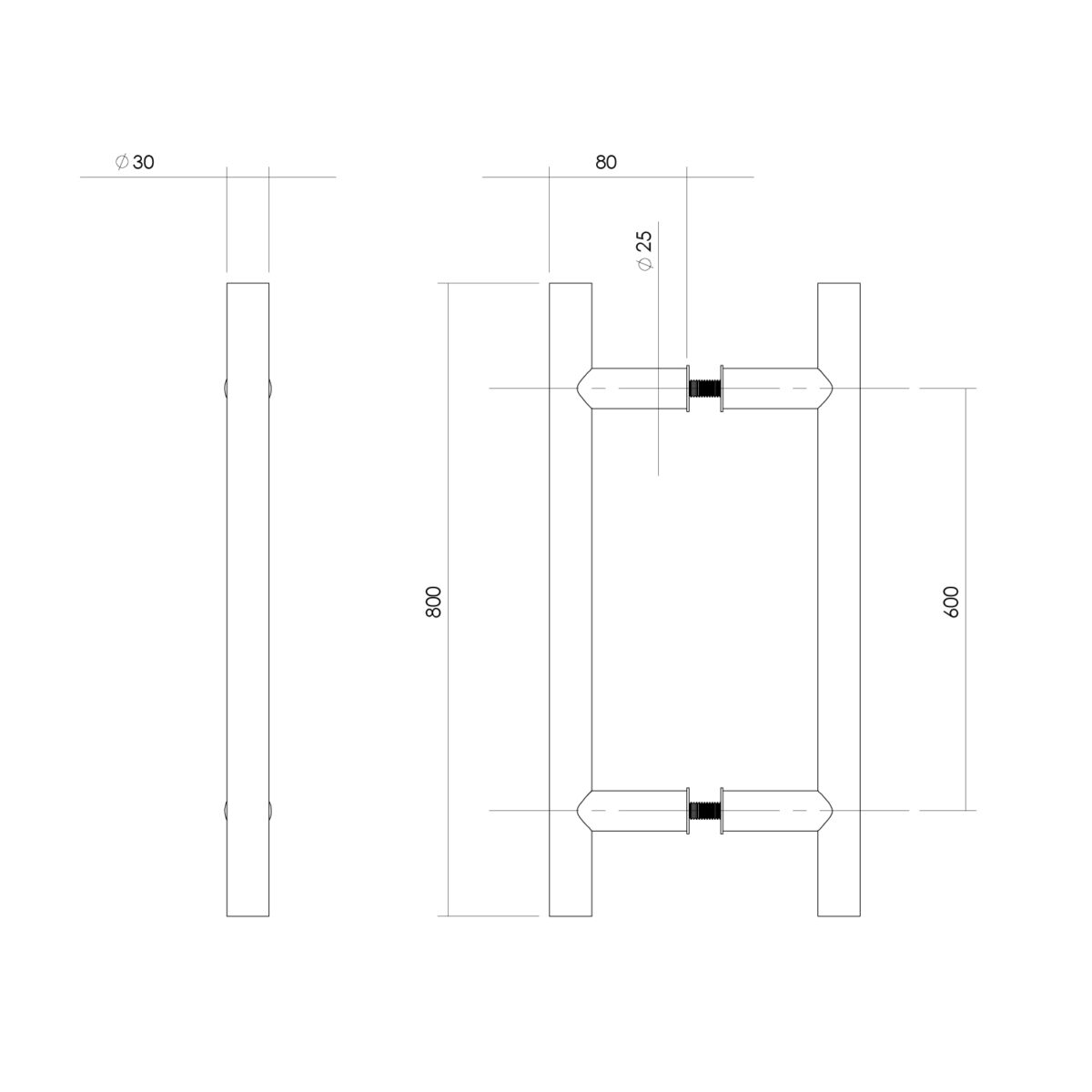 Intersteel Door handles per pair T shape 800x80x30 Centre-to-centre 600 stainless steel 1