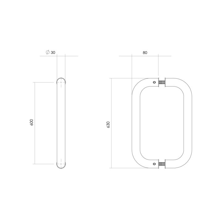 Poignées de porte Intersteel par paire forme U 630x80x30 Centre à centre Inox 600 1