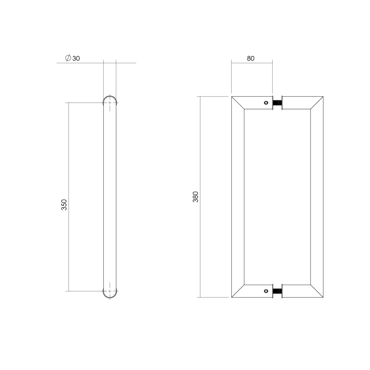 Intersteel Door handles per pair straight 90° 380x80x30 Centre-to-centre 350 stainless steel 1