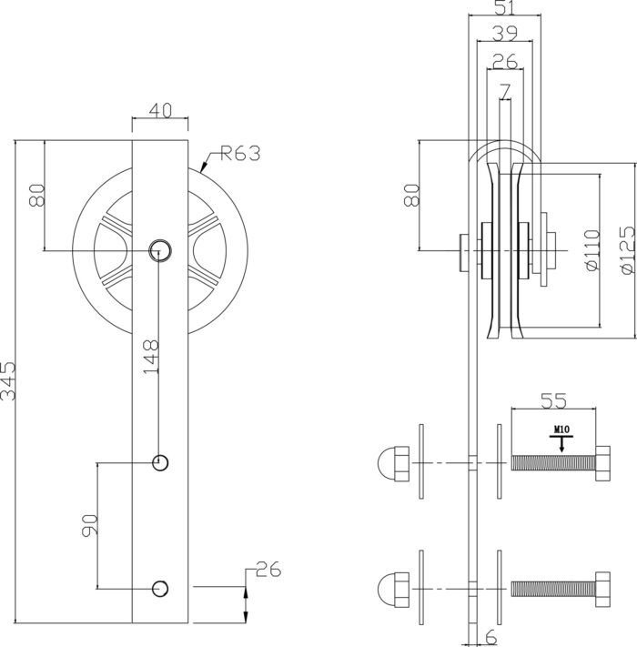 Intersteel Jeu de 2 roulettes suspendues Roue 340 mm noir mat 1