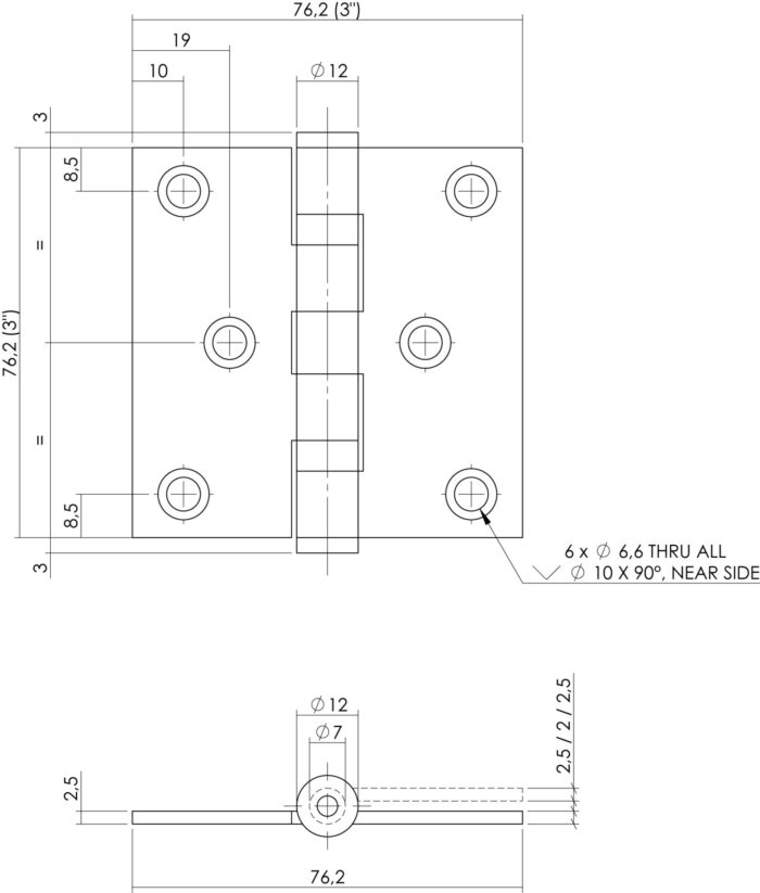 Kogellagerscharnier 76 x 76 mm met rechte hoek RVS geborsteld incl. schroeven 1