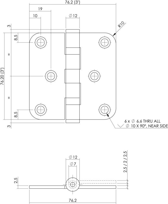 Kogellagerscharnier 76 x 76 mm met ronde hoek mat zwart incl. schroeven 1