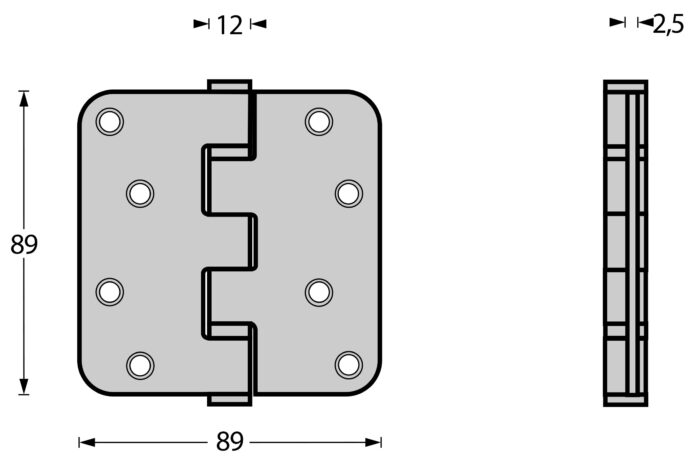 Kogellagerscharnier 89 x 89 mm met ronde hoek RVS geborsteld incl. schroeven 1
